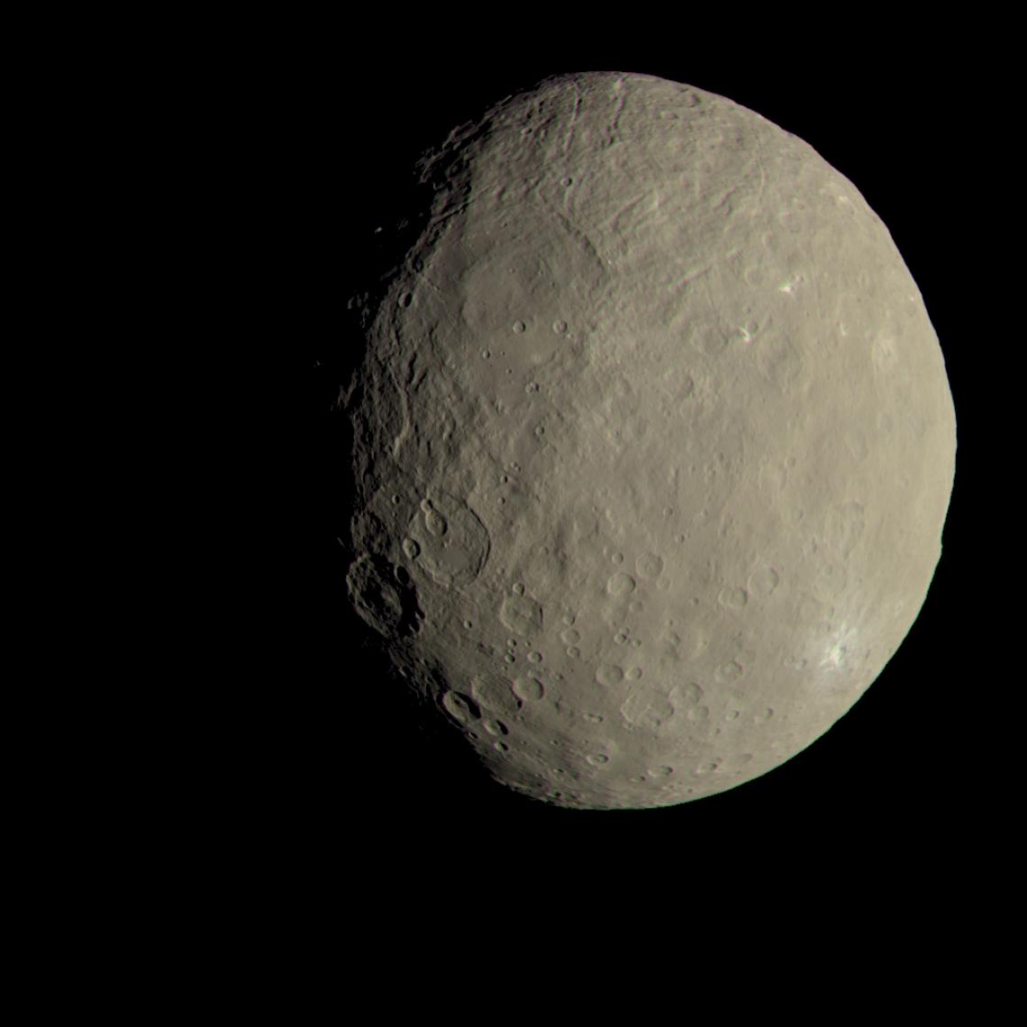 This image of Ceres approximates how the dwarf planet's colors would appear to the eye. This view of Ceres, produced by the German Aerospace Center in Berlin, combines images taken during Dawn's first science orbit in 2015 using the framing camera's red, 